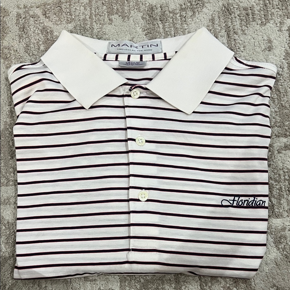 Martin Brand Floridian Golf Striped Polo Shirt - White with Red and Blue Stripes